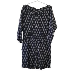 Garnet Hill Remi Draped Romper Womens Size L Black White Print Tassel Tie Neck